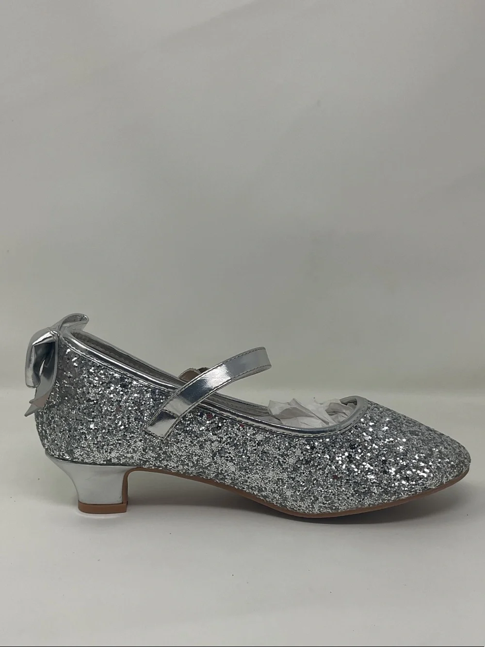 Girls Silver Glitter Mary Jane Heel Dress Shoes with Bows NEW